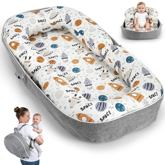 Fenfiny Baby Lounger for Newborns & Infants 0-24 Months5, 100% Cotton Breathable Tummy Time Play Mat, CPC Certified Baby Shower Gift (Space Shuttle)