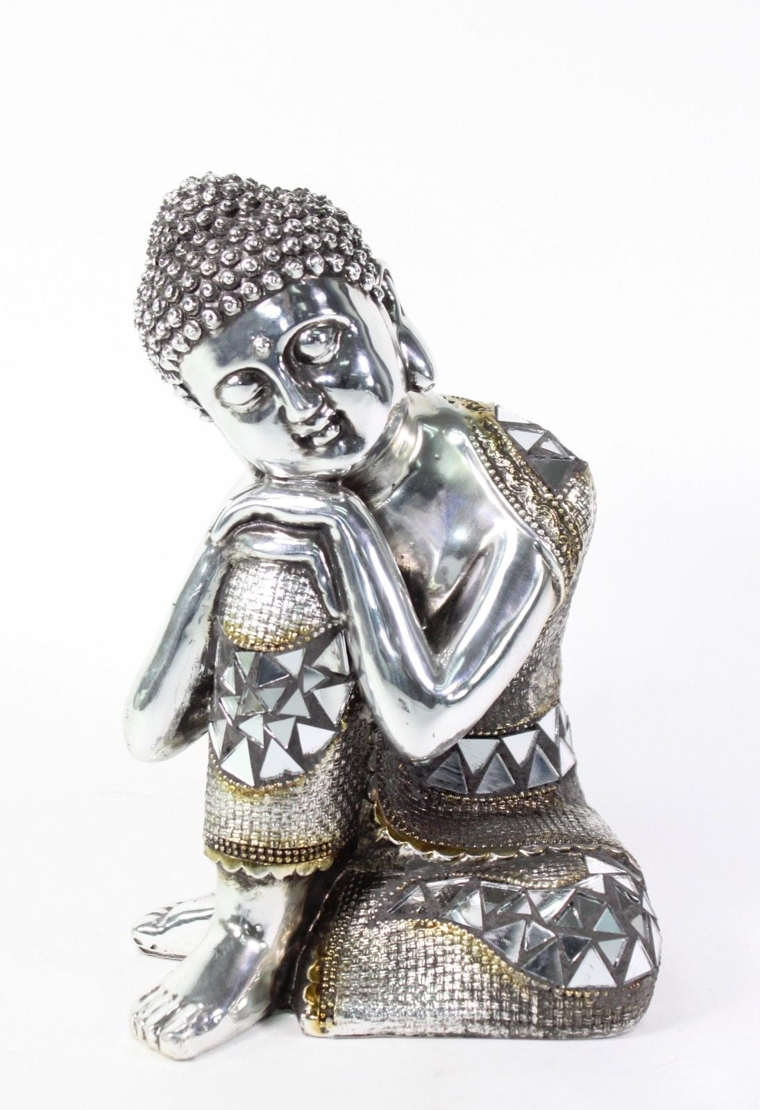 Feng Shui 6.5" Silver Electroplated Resting Meditating Buddha Figurine Peace Statues