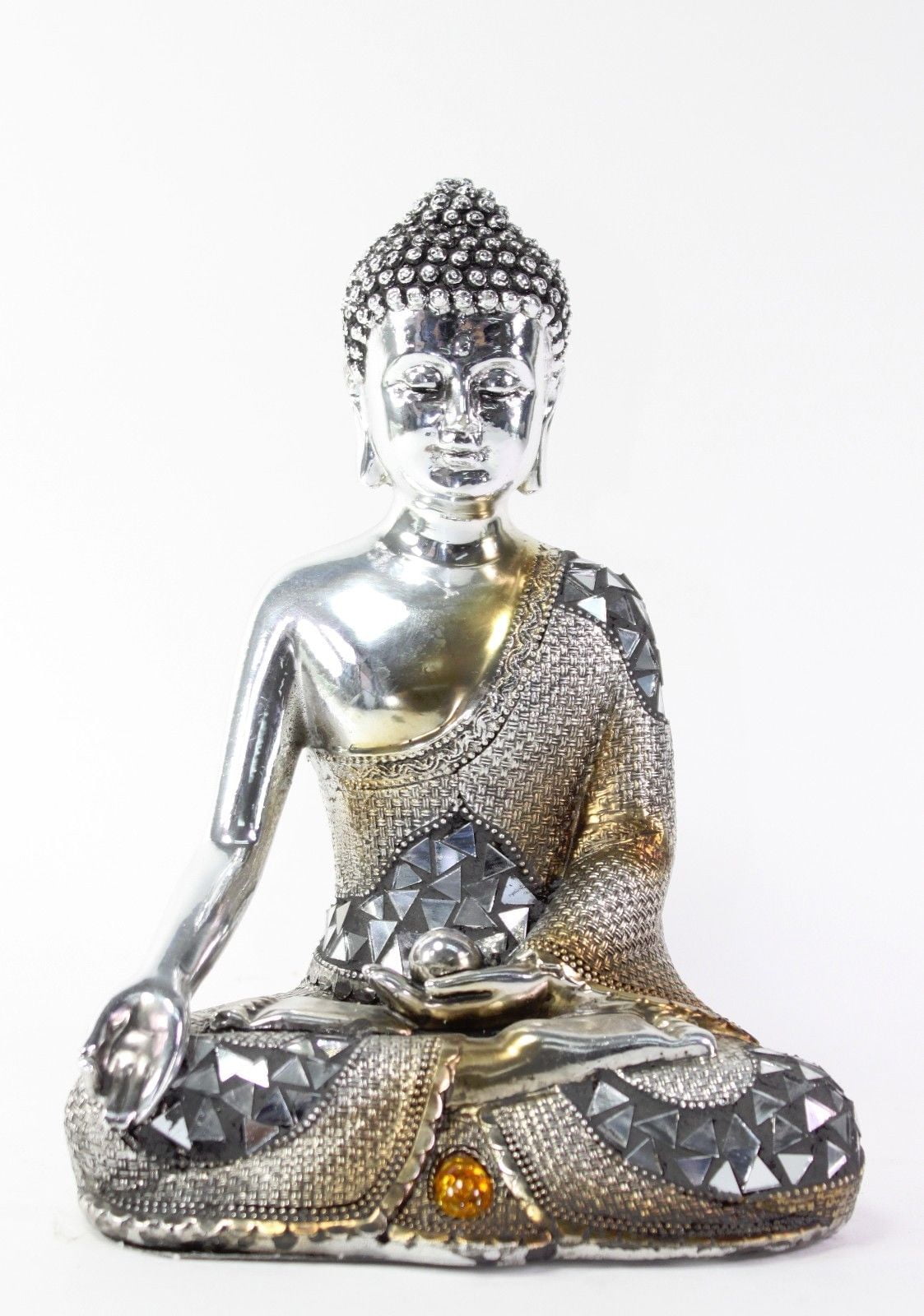 Feng Shui 8" Silver Electroplated Resting Meditating Buddha Figurine Peace Statues -D
