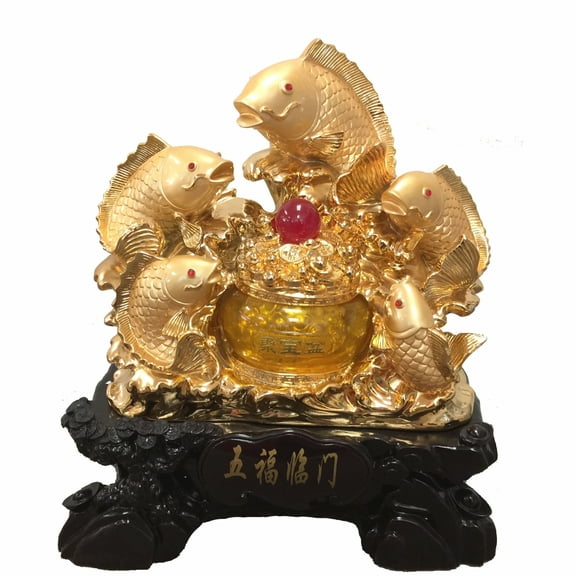 Feng Shui 9" 5-Golden-Fish with Money Pot Statue