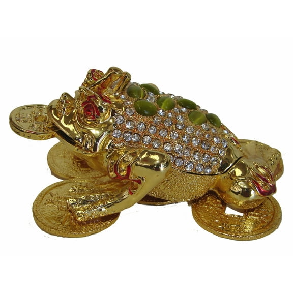 Feng Shui Bejeweled Cloisonne Money Frog Statue with Chinese Coin in Its Mouth