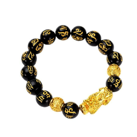 Feng Shui Black Hand Carved Mantra Bead Bracelet with Golden Pi Xiu/Pi Yao Lucky Wealthy Amulet Brecelet