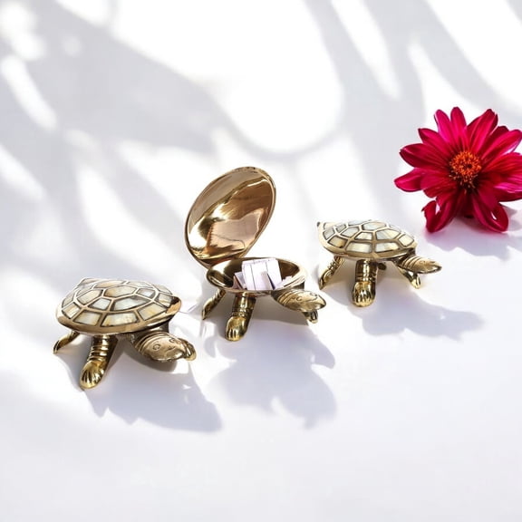 NATRIEL Brass Tortoise Figurine Set of 3 with Hidden Compartment, Feng Shui Decor, Sizes 3.5, 4, 4.5 Inch (White)