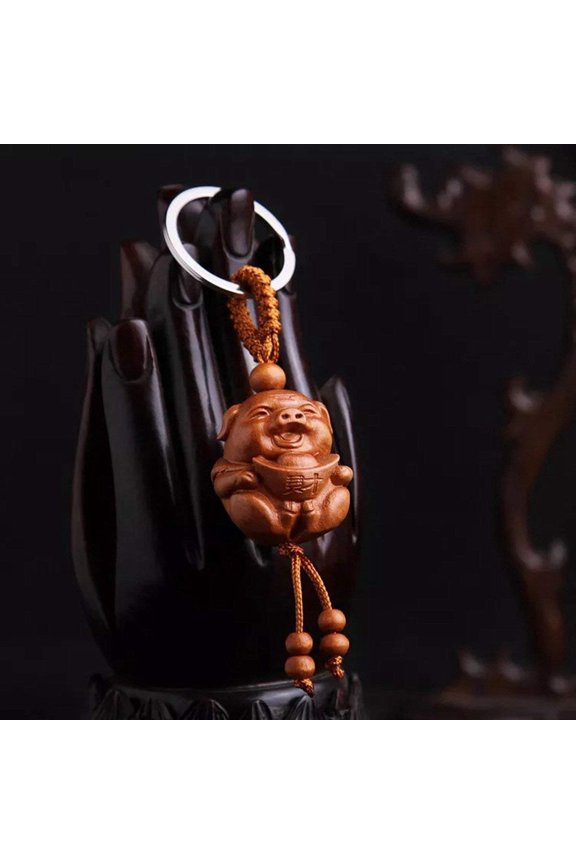 Feng Shui Chinese Zodiac Wood Carved Pig Key Ring Key Chain for Success and Wealth Luck