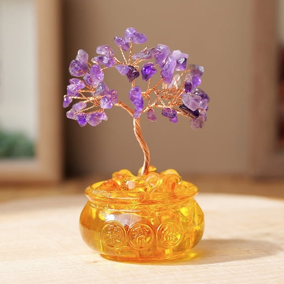 Feng Shui Citrine Quartz Crystal Money Tree, 4" Yellow Crystal Money Tree, Feng Shui Money Tree with Chinese Decoration for Luck and Wealth, Home Decor Gift