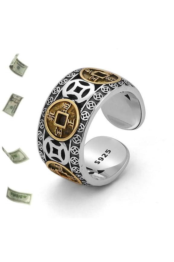 Feng Shui Coin Rings, 925 Sterling Silver Five Emperors Coins Lucky Wealth Money Ring with Mysterious Power, Chinese Tibetan Buddhist Jewelry, Religious Gifts for Men