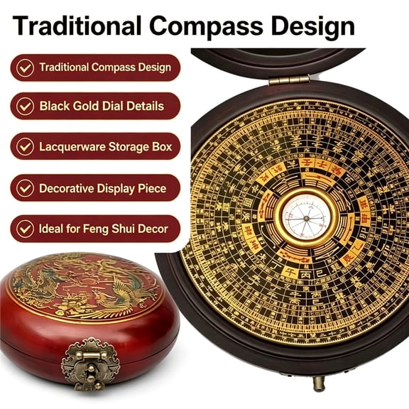 Feng Shui Compass with Dragon Design Lacquer Box, Metal Decorative Compass, Traditional Chinese Inspired Craft for Home Decor, Collection and Gift,red,12*12*5cm