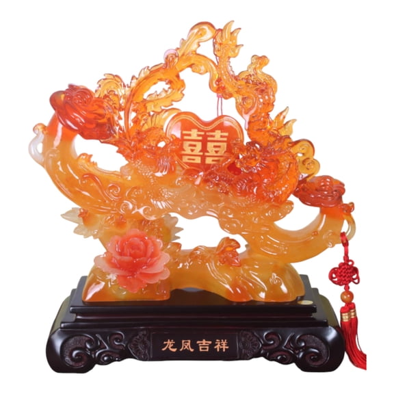 Feng Shui Dragon Phoenix with Symbol of Double Happiness, Peony and RuYi