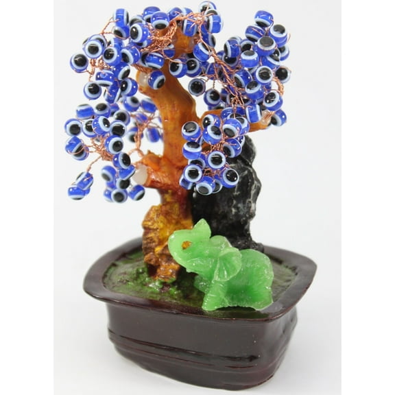 Feng Shui Elephant with Blue Cat's Eye Gem Stone Blue Evil Eyes Wealth Lucky Tree Great Housewarming Health Healing Gift & Home Decor