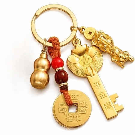 Feng Shui Five Blessings Good Luck Amulet Keychain, Metal Lucky Charm Set With Pixiu Coin Gourd Fish Pendants For Keys Handbags Backpacks Car Decor Lunar New Year Housewarming Gift