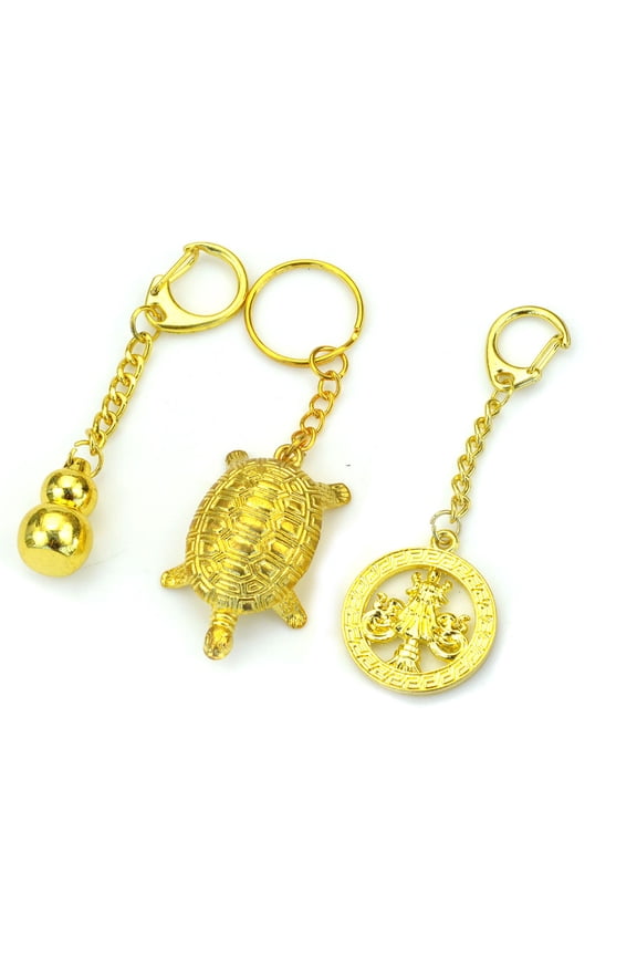 Feng Shui Goldtone Keychain 3 Sets - Good Luck Gourd Wu Lu, Longevity Turtle, Victory Banner amulets  Brings Long Life, Power, Prosperity and Protection