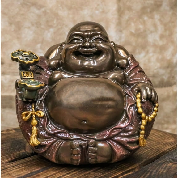 Feng Shui Hotei Laughing Happy Buddha with Gold Ingot and Prayer Beads Figurine