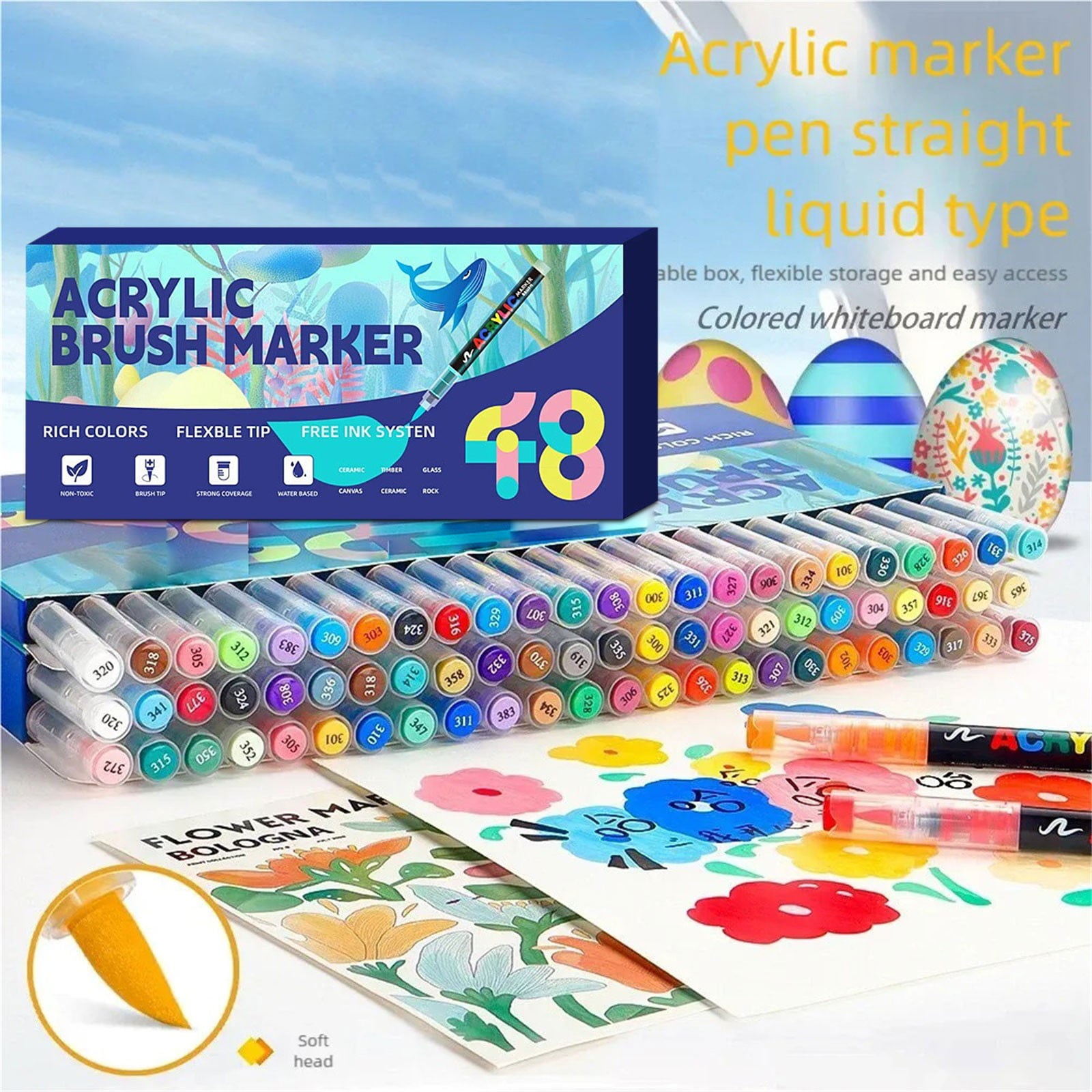 Feng Shui Import Acrylic Marker Pen Set with Soft Brush Nib,12 to 60 Colors for Tile Glass and Ceramic,Vibrant Art Pens for DIY Painting and Drawing