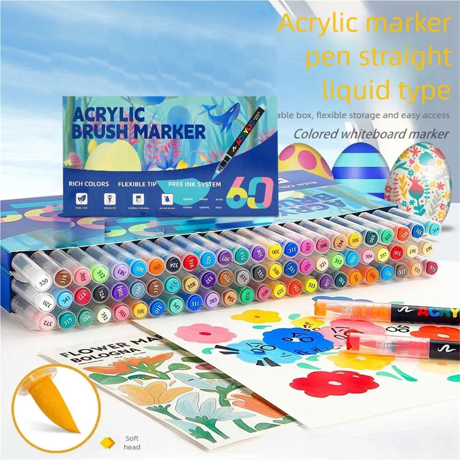 Feng Shui Import Acrylic Marker Pen Set with Soft Brush Nib,12 to 60 Colors for Tile Glass and Ceramic,Vibrant Art Pens for DIY Painting and Drawing