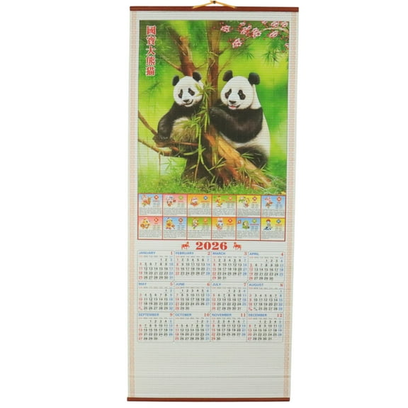Feng Shui Import Chinese Wall Scroll Calendar 2026, Panda Design, 30 x 12.5 inches, Traditional Zodiac Theme with Monthly Calendar