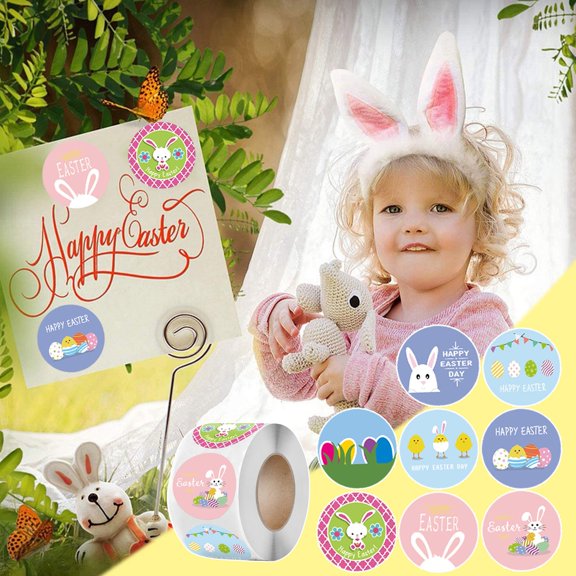 Feng Shui Import Easter Bunny Sticker Roll for Gift Wrapping,500 Pcs Self Adhesive Toy Tag for Holiday Decor,Sealing Sticker for Craft and Decoration