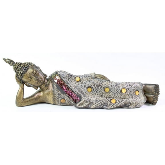 Feng Shui L14" Grey Kasaya Glaze Baldric Reclining Buddha Home Decor Statues