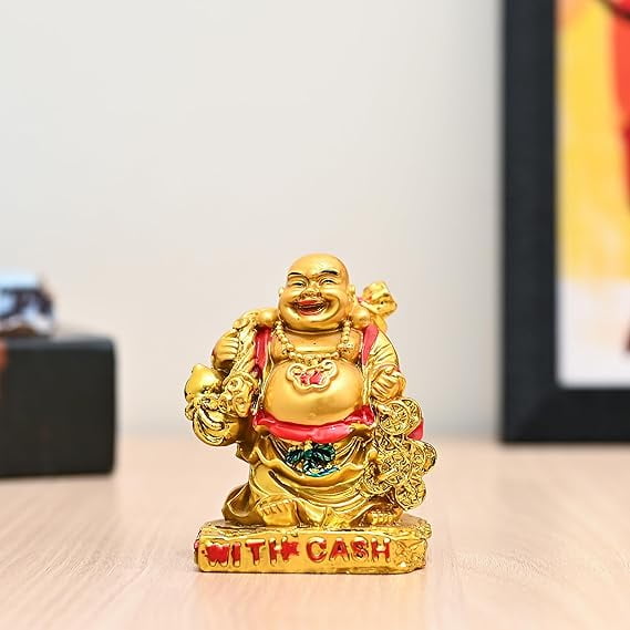 Feng Shui Laughing Buddha with Money Bag Figurine – 9.5 cm Polyresin Statue for Good Luck, Happiness, and Prosperity | Golden Buddha Showpiece for Home & Office Décor