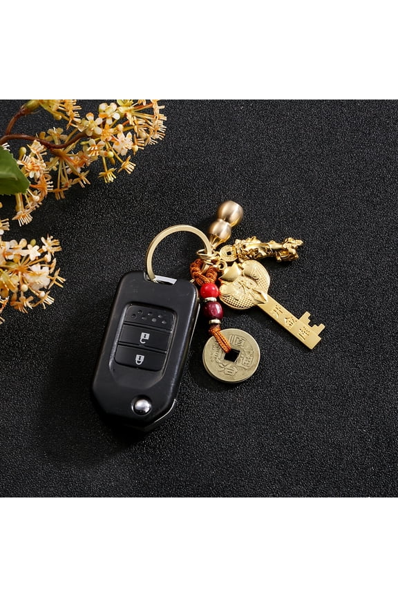 Feng Shui Lucky Keychain - Zinc alloy metal key ring with red beads and Chinese characters, symbolizing wealth and success - Ideal for birthdays, parties, backpacks and gifts,1