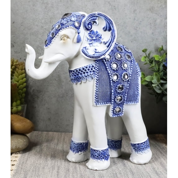 Feng Shui Ming Style Blue And White Ornate Design With Crystals Elephant Statue