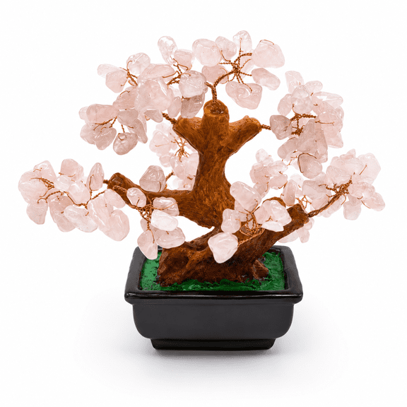 Feng Shui Natural Rose Pink Quartz Crystal Money Tree Bonsai Style, Enhance Wealth and Luck with Elegant Desk Decor