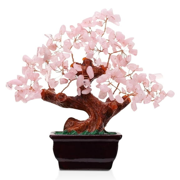 Feng Shui Natural Rose Pink Quartz Crystal Money Tree Bonsai Style, Enhance Wealth and Luck with Elegant Desk Decor