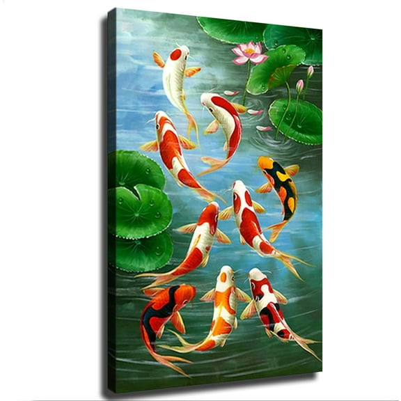 Feng Shui Nine Koi Fish Lucky Landscape Poster Painting on Canvas Wall Art Living Room Decoration Home Decor (12x18inch-Framed)