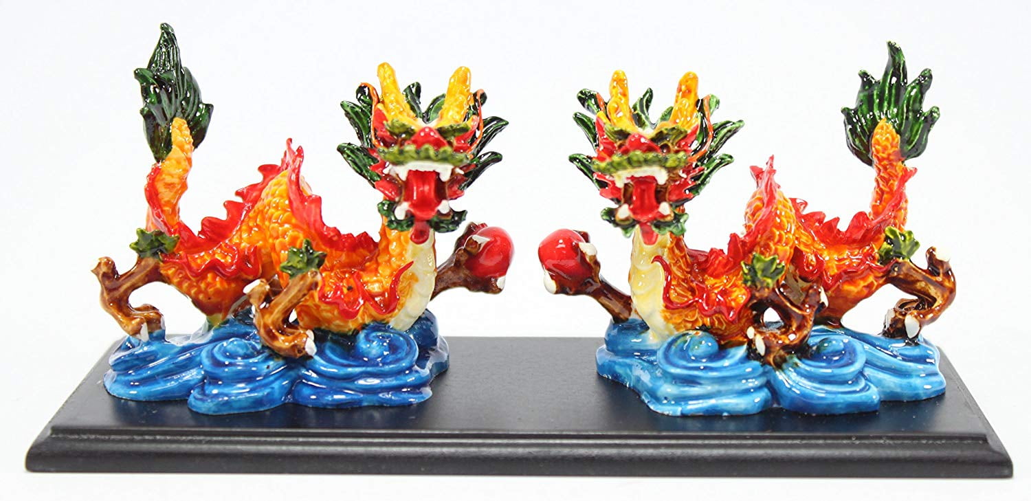 Feng Shui Pair of Colored Dragon with Base Statue Figurine Housewarming Congratulatory EHD