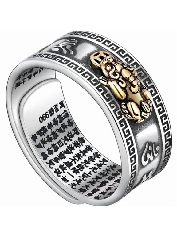 Feng Shui Pixiu Mantra Ring, Buddhist Good Luck Amulet, Adjustable Wealth Protection Fortune Ring