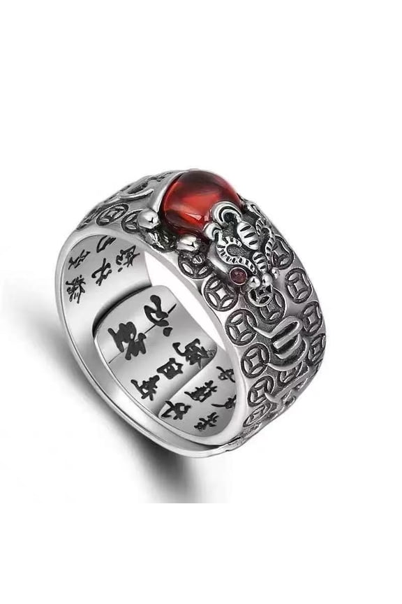 Feng Shui Pixiu Mantra Ring, Sterling Silver Buddhist Good Luck Amulet, Adjustable Fortune Ring for Wealth & Protection
