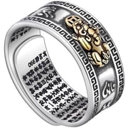 Feng Shui Pixiu Mantra Ring, Sterling Silver Buddhist Good Luck Amulet, Adjustable Fortune Ring for Wealth & Protection