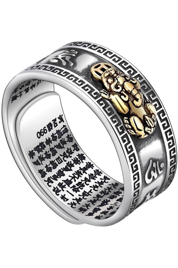 Feng Shui Pixiu Mantra Ring Sterling Silver Buddhist Good Luck Amulet Lucky Fortune Opening Adjustable Ring