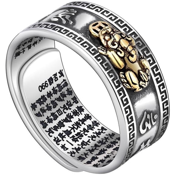 Feng Shui Pixiu Mantra Ring Sterling Silver Buddhist Good Luck Amulet Lucky Fortune Opening Adjustable Ring