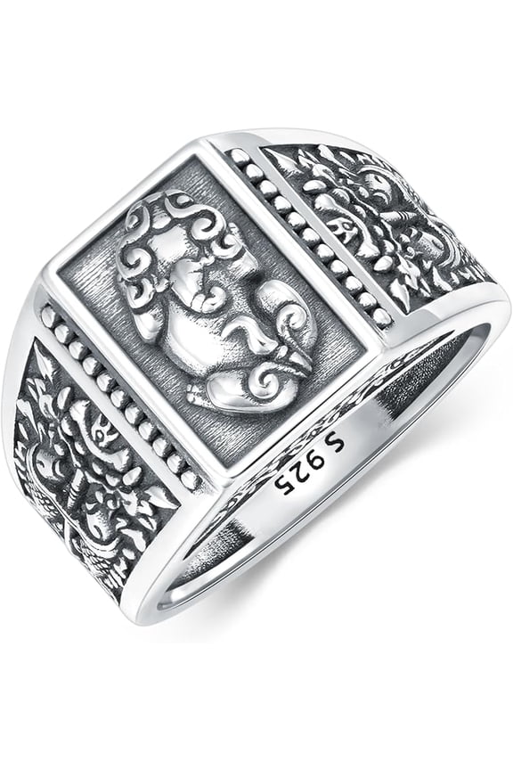 Feng Shui Pixiu Mantra Sterling Silver Attracting Wealth Amulet Lucky Protection Wealth Buddhist Jewelry Feng Shui Ring for Men & Women