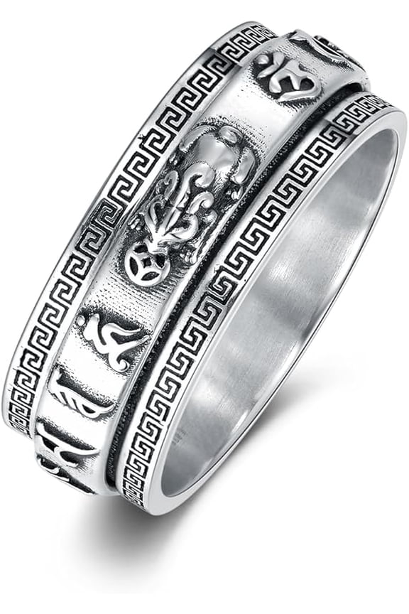 Feng Shui Pixiu Mantra Sterling Silver Attracting Wealth Amulet Lucky Protection Wealth Buddhist Jewelry Feng Shui Ring for Men & Women