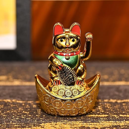 Feng Shui Plastic Cat Sitting on Money Ingots | Welcome Cat Golden Waving Hand | Symbol of Good Luck, Wealth, Prosperity, Health & Happiness - Decorative Showpiece