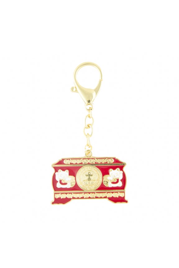Feng Shui Prosperity Chest Treasure Box Featuring Maneki Neko Amulet Keychain