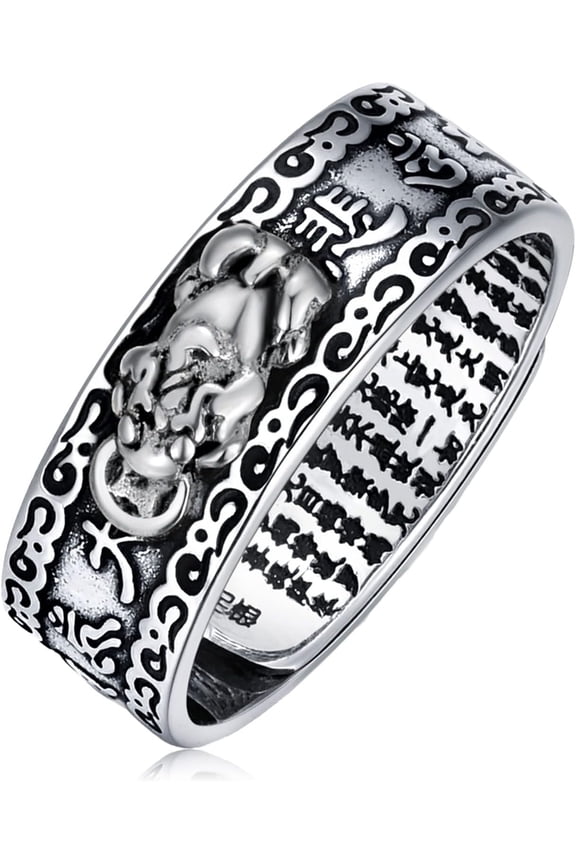 Feng Shui Ring 925 Stering Silver Pixiu Mantra Ring Protection Wealth Adjustable Rings Buddhist Amulet Jewelry Keep Rich Good Luck Health Gift for Men Women