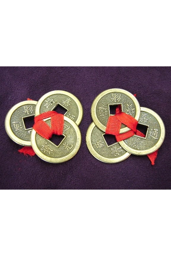 Feng Shui Set of 2 Pcs of 3-Chinese-Coin Ties in Red Thread