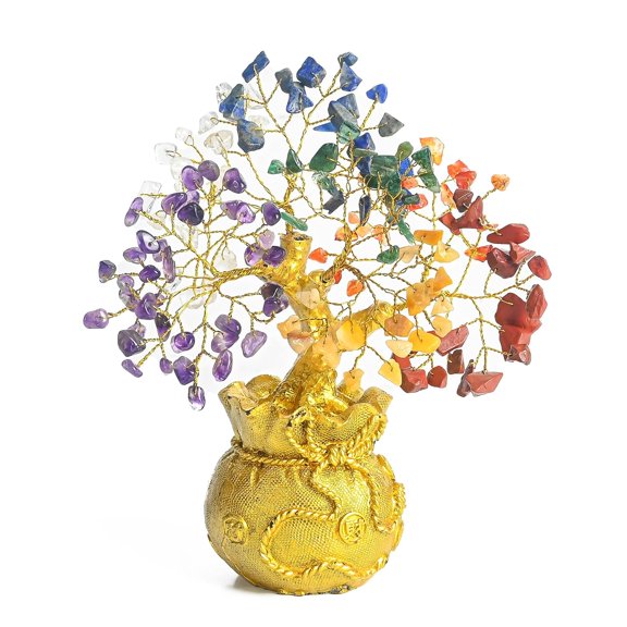 Feng Shui Seven Chakra Tree With Golden Money Bag Base, Multi - 7 X 3 Inch | Gemstone Bonsai Tree Healing Crystal Tree For Wealth, Prosperity | Home, Office Table Dcor - Diwali Gifts