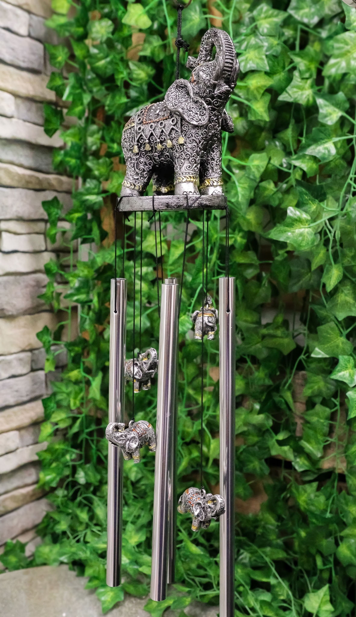 Feng Shui Thai Buddha Elephant In Filigree Art Figurine Crown Garden Wind Chime