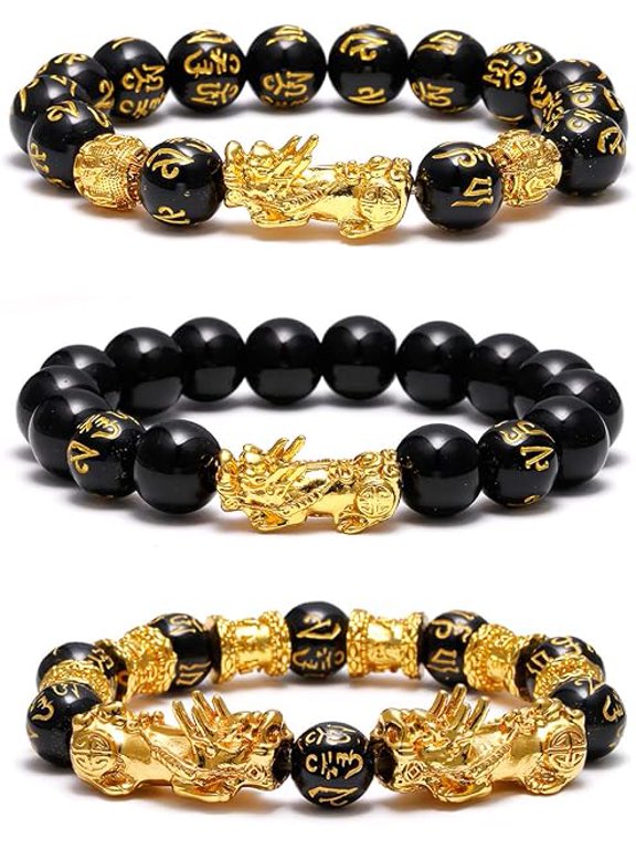 Feng Shui Wealth Luck Bracelet for Men Women: 3Pcs Black Obsidian Pixiu Adjustable Protection Prosperity Daily Wear Jewelry Gift Set (3 Pcs, Black)