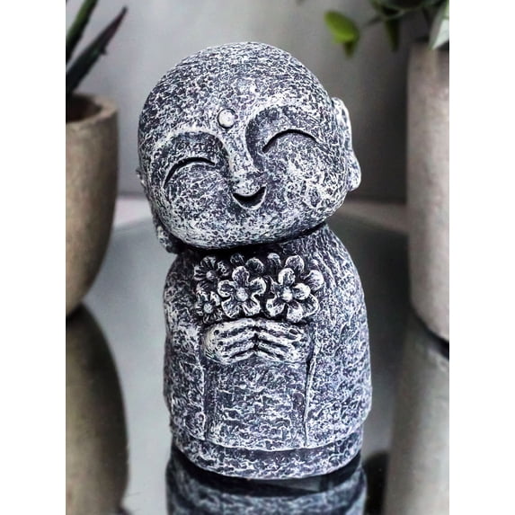 Feng Shui Zen Blissful Japanese Jizo Monk Holding Flowers Mini Figurine 3"Tall