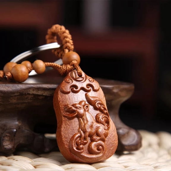 Feng shui Wood Carved Zodiac Dog Key Ring Key Chain Blessing Gift