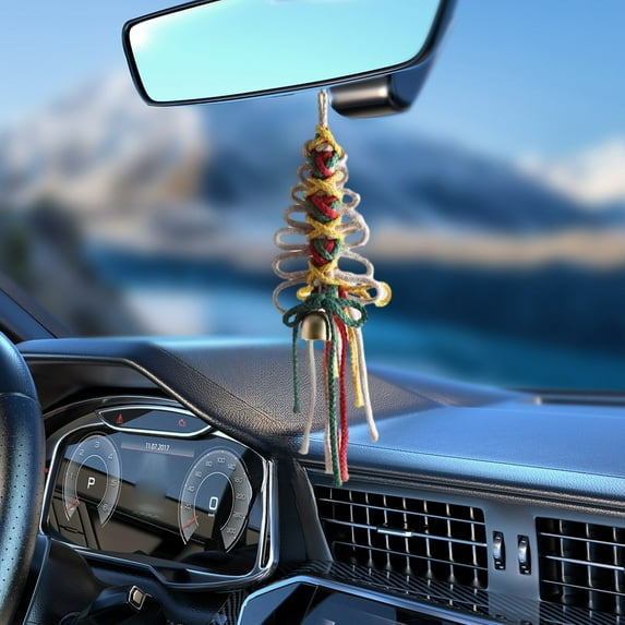 FengErXian Car Gadget Essentials Deals Christmas Hand-woven Car Hanging Bell Bow Car Accessories Pendant Car Rear-view Mirror Hanging Decorations Car Interior Decorations