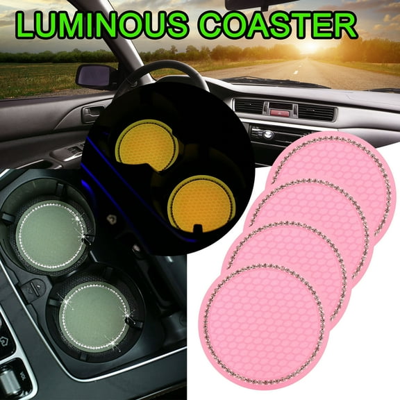 FengErXian Car Organization Must Haves Car Gadgets 4Pcs Fluorescent Decor Crystal Rhinestone Car Cup Mat 2.75inch