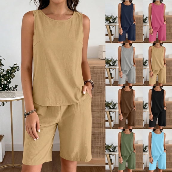 FengLS 2 Piece Sets for Women Cotton-Linen Solid Color Everyday Outfits Sets Sleeveless Vest Tops & Elastic Waist Capri Pants with Pockets Sets