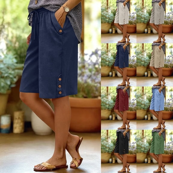 FengLS Casual Shorts for Women Spring Summer Straight Leg Capri Pants Elastic Waist Lightweight Relaxed Side Pockets Outdoor Shorts