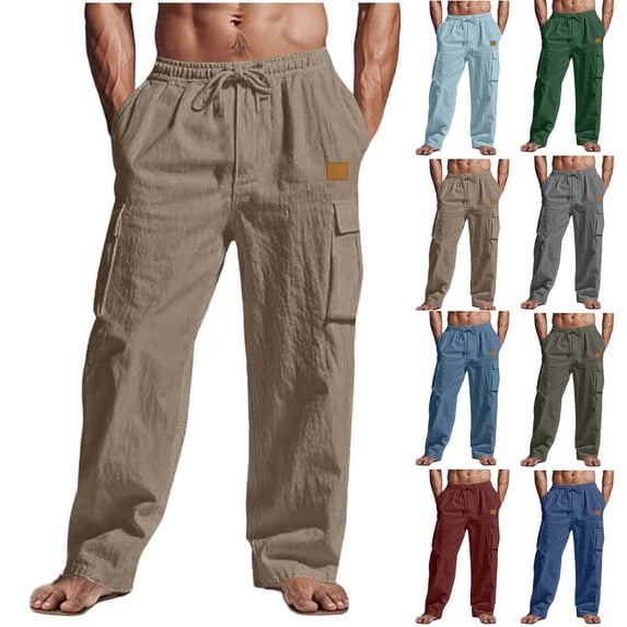 FengLS Cotton Linen Pants for Men Fashion Loose Cargo Pants Drawstring Waist Solid Multi Pockets Trousers Casual Outdoor Workwear Straight Pants