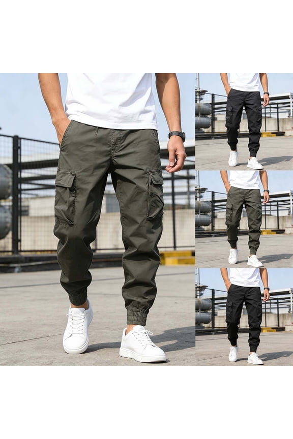 Men's Cargo Pants Drawstring Elastic Waist Trousers with Multi Pockets Fashion Elastic Cuffs Length Pants Spring/Summer Lightweight Outdoor Hiking Pants